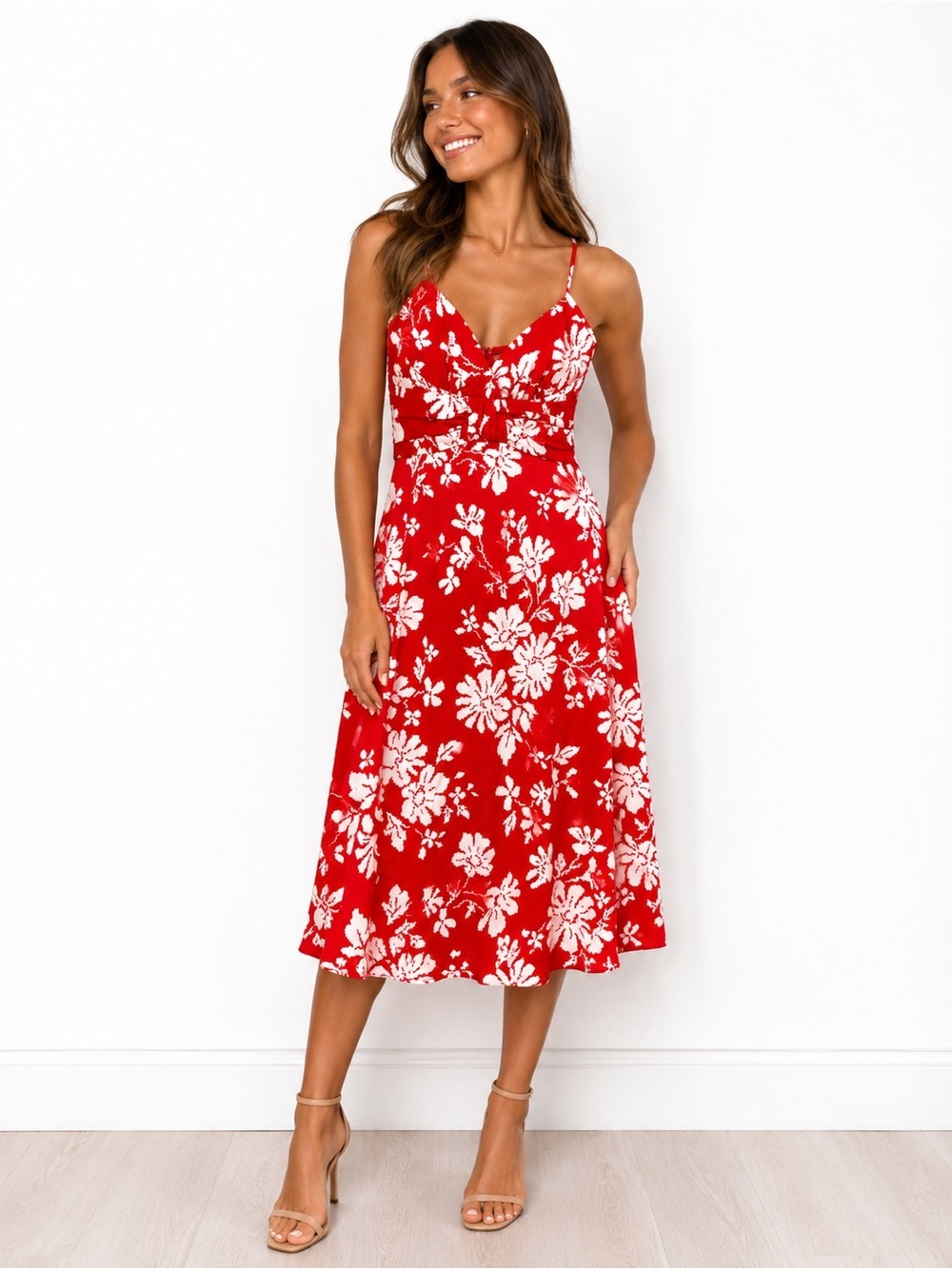 Donna Morgan Red Floral Sundress Size 8 Adjustable Spaghetti Strap Midi Dress